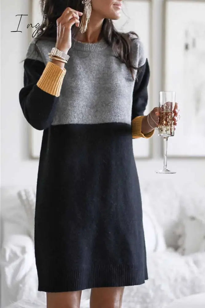 Ingvn - Loose Round Neck Paneled Mini Dress(5 Colors) S / Black Dress