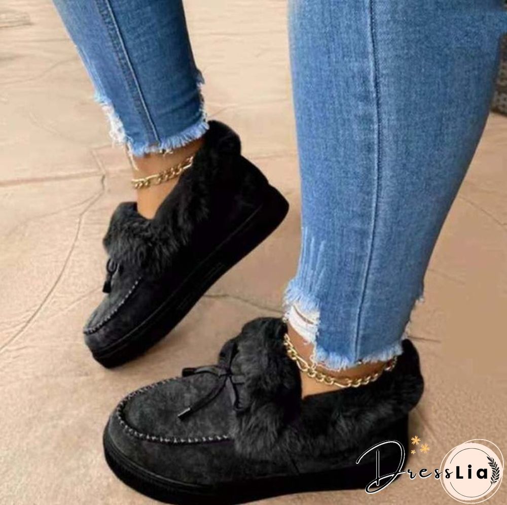 Women Bowknot Suede Faux Fur Moccasin Shoes Warm Lightweight Slippers Non-Slip Platform Shoes Winter Cute Soft Snow Boots Casual Suede Flat Plush Shoes