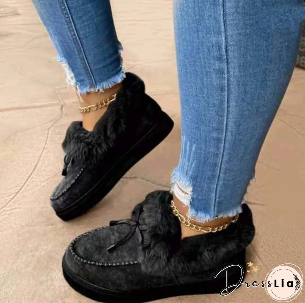 Women Bowknot Suede Faux Fur Moccasin Shoes Warm Lightweight Slippers Non-Slip Platform Shoes Winter Cute Soft Snow Boots Casual Suede Flat Plush Shoes