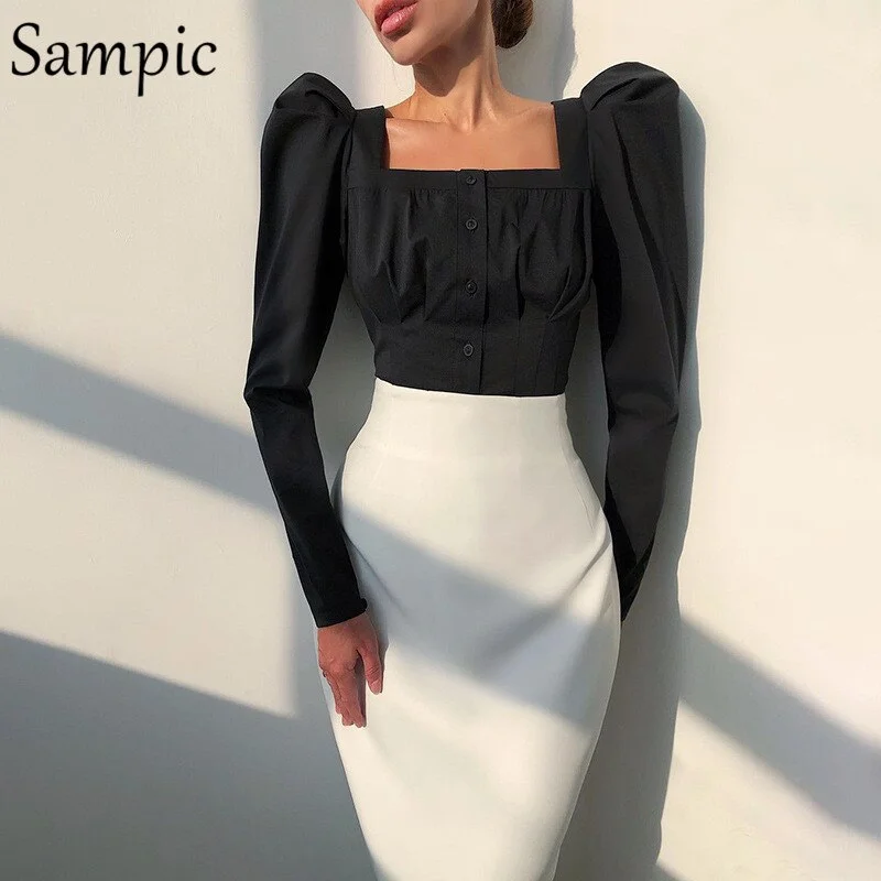 Sampic Elegant Autumn 2020 Fashion Square Collar Long Puff Sleeve White Blouse Shirt Sexy Ladies Club Black Skinny Baisc Tops