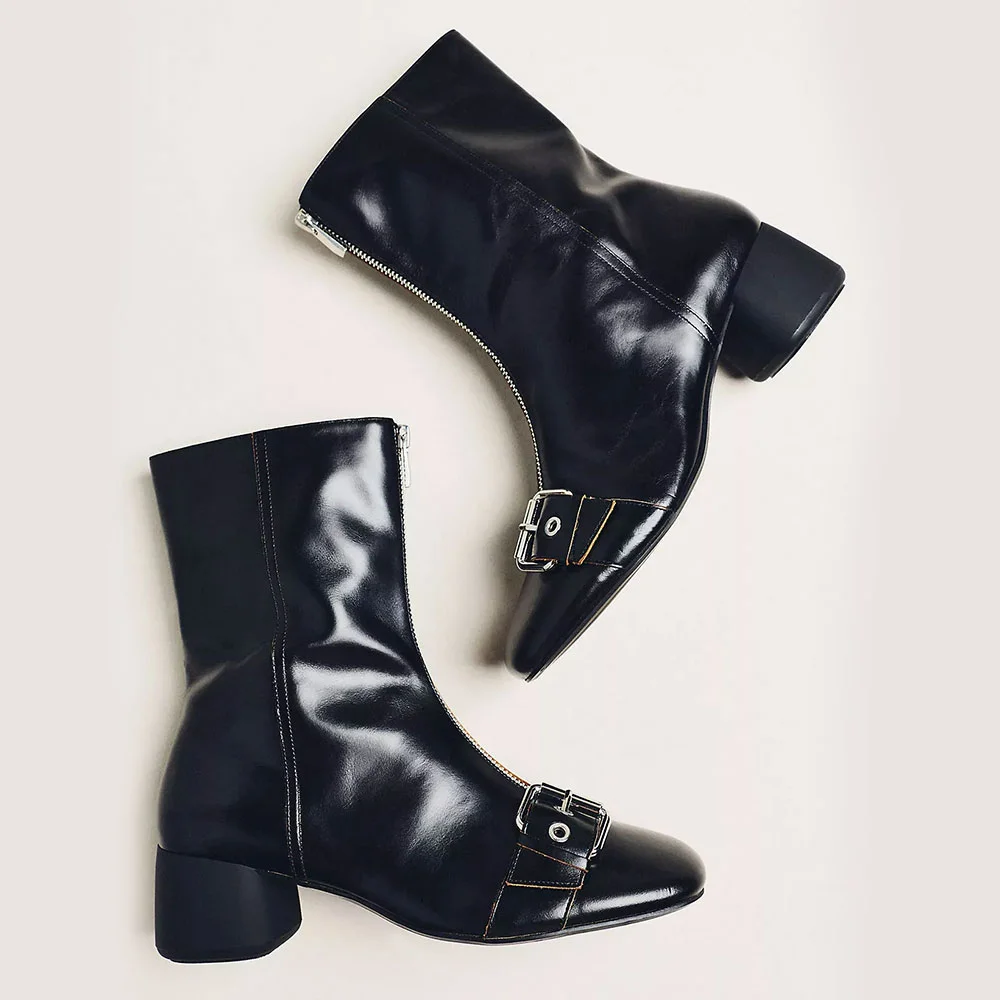 Black Square Toe Buckled Front Zipper Ankle Boots for Women