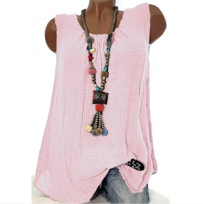 Round Neck Solid Sleeveless Casual T-shirt