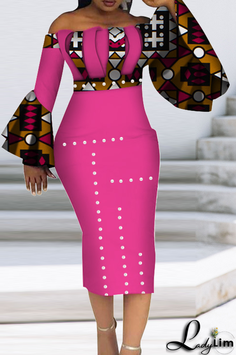 Orange Vintage Print Patchwork Off the Shoulder Pencil Skirt Dresses