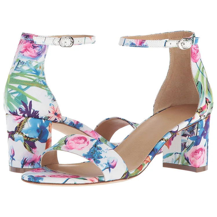 Multicolor Floral Chunky Heel Open Toe Ankle Strap Sandals |FSJ Shoes