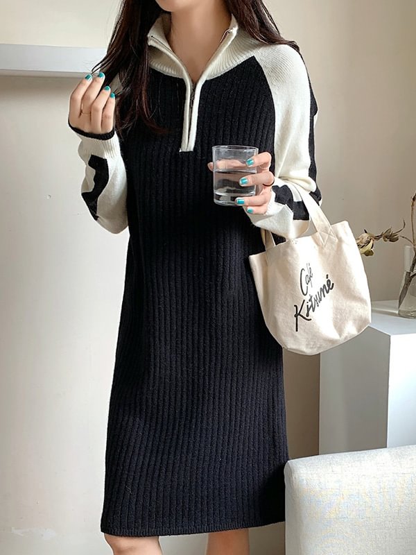 Casual Loose Contrast Color Zipper Lapel Collar Long Sleeves Sweater Dress