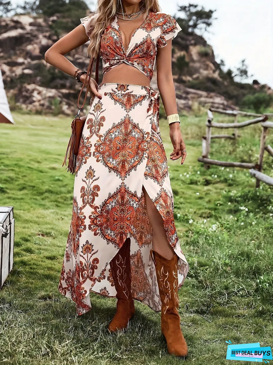 Floral Print Elegant Skirt Suit, Plunging Neck Short Sleeve Crop Top & High Waist Split A-line Skirt Outfits, Women's Clothing