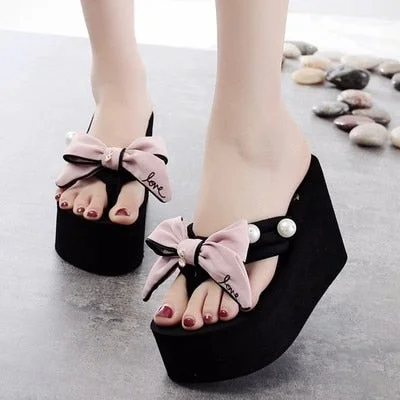 2021 Bowknot Heeled Flip Flops Women Slippers Summer 11CM High Heels Wedge Platform Shoes Sweet Womens Beach Slippers