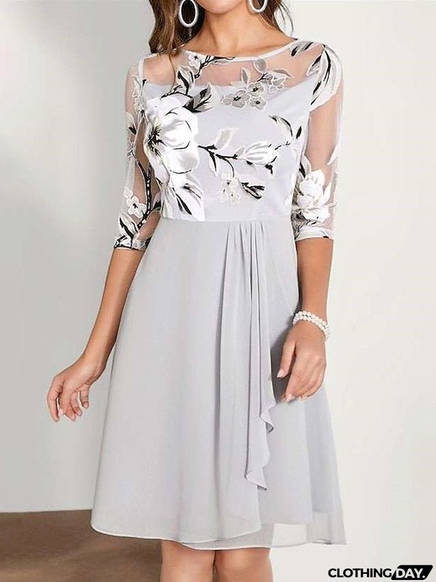 Work Dress Chiffon Dress Semi Formal Dress Fashion Midi Dress Mesh Print Crew Neck 3/4 Length Sleeve Floral Regular Fit Gray Spring Summer S M L XL XXL for Women