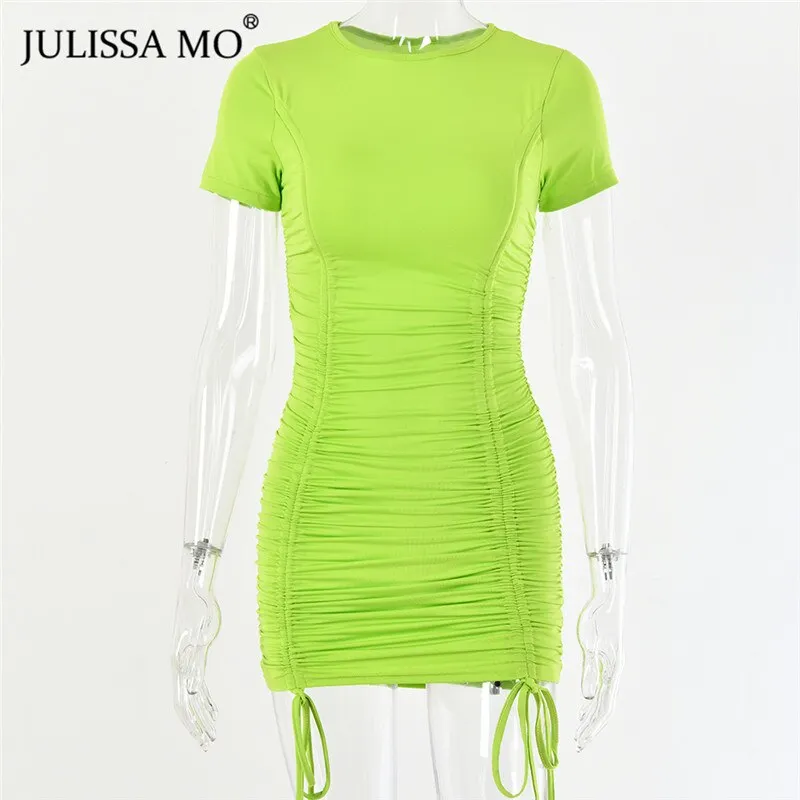 JULISSA MO White Drawstring Ruched Summer Dress Women Sexy Skinny Bodycon Bandage Dress New Casual Short Sleeve Mini Dresses