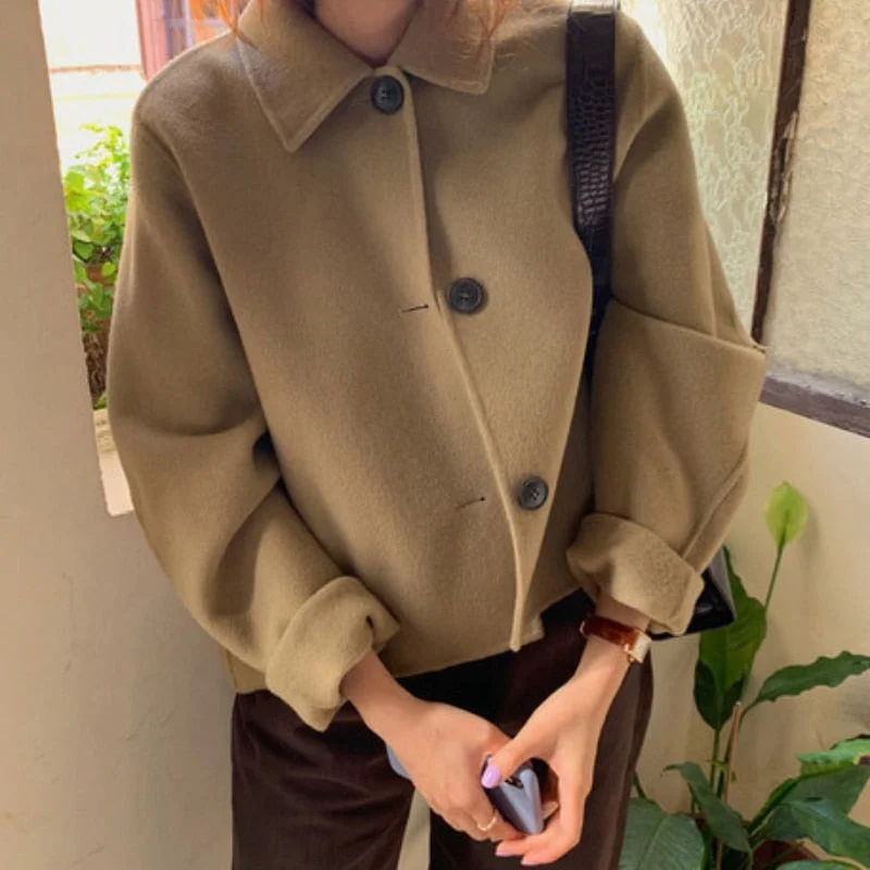 Aachoae 2021 Autumn Winter Women Elegant Solid Color Wool Coats Chic Turn Down Collar Long Sleeve Coat Female Chic Outerwear