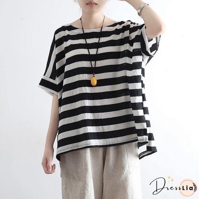 New Black White Striped Linen Summer Tops Casual O-Neck Pullover Batwing Sleeve T-Shirt