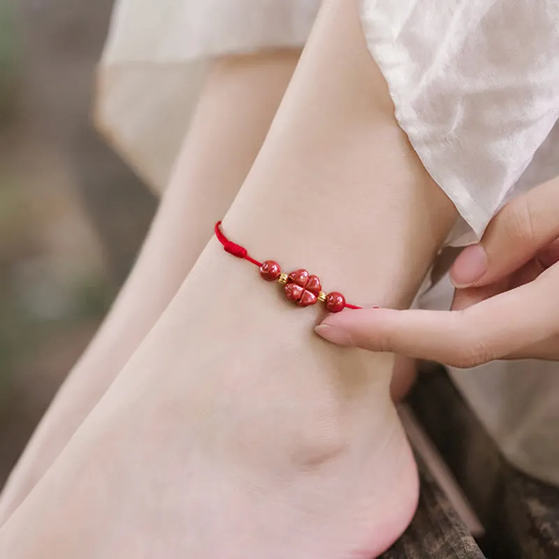 Four Leaf Clover Cinnabar Blessing Calm String Bracelet Anklet