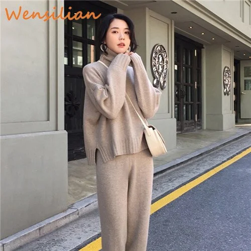 Women Winter Suit Sweater Tracksuit Knitted Turtleneck Clothes 2 Pieces Set Pants Ladies Loose Clothing Suits Female 2019