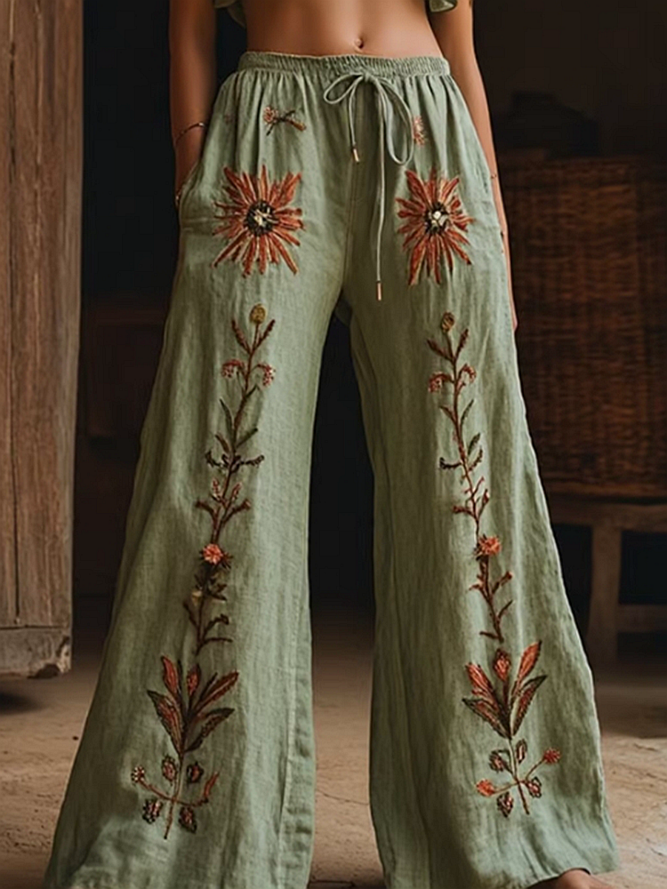 Women's Embroidered Floral Printed Linen Blend Casual Pants