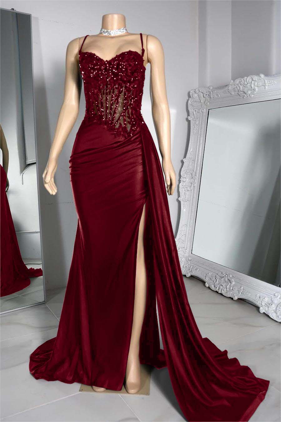 Hidais Exquisite Black Spaghetti Strap Sleeveless Pleated Long Split Prom Dress With Beading