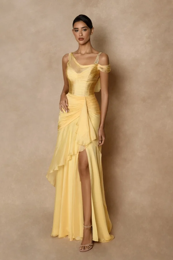 Butter Yellow Chiffon Wide Shoulder Straps Sleeveless Long Pleated Sheath Prom Dress With Split And Ruffles | YC0236 Wellcucu