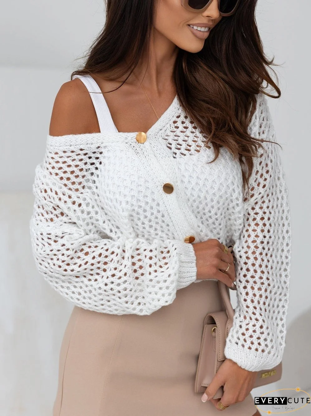 White Crochet Knit V-Neck Button-Up Cardigan