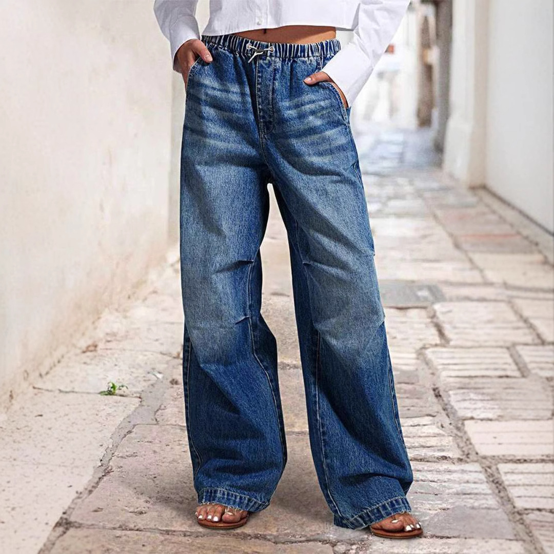 Vintage Mid-rise Wide Leg Drawstring Loose Jeans
