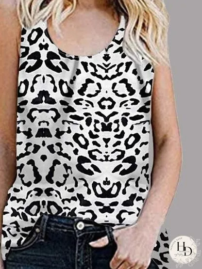 Casual Sleeveless Round Neck Leopard Vest