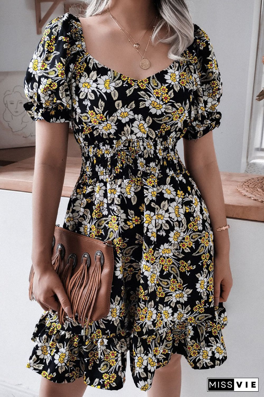 Fashion Casual Print Split Joint Square Collar A Line Dresses