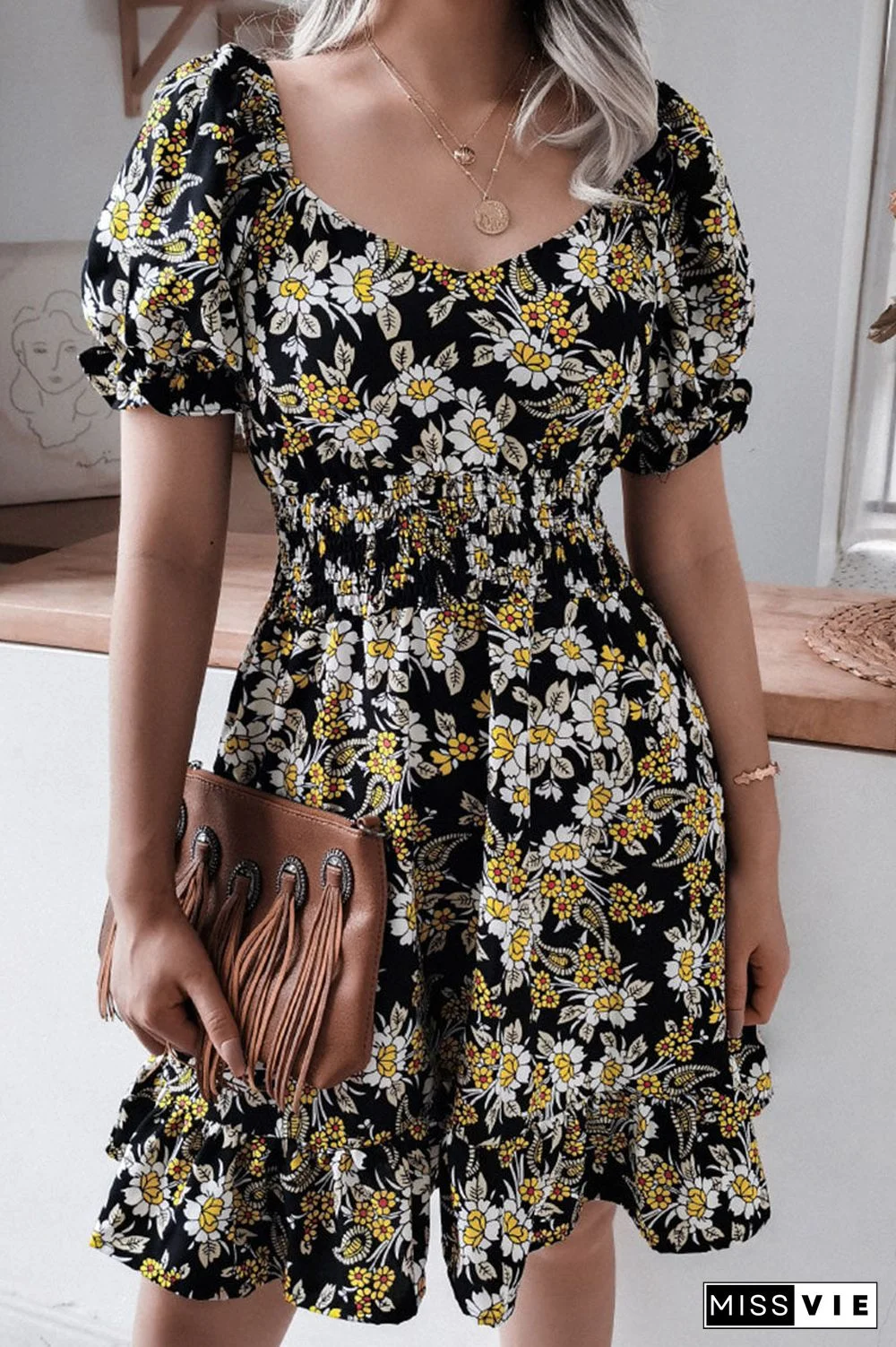 Fashion Casual Print Split Joint Square Collar A Line Dresses
