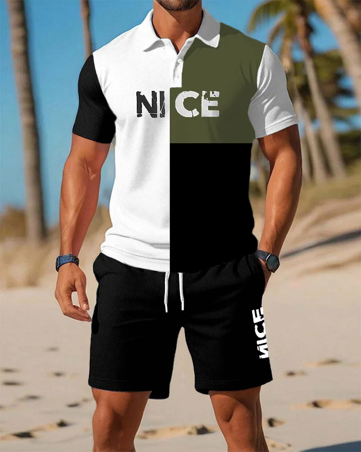 Men's Color Block Nice Graphic POLO Shirt Shorts Set