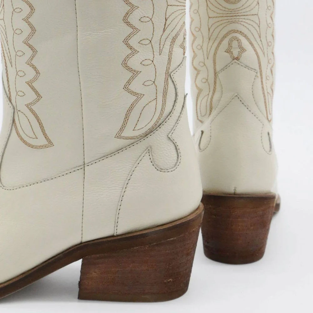 Beige Snip Toe Embroidered Chunky Heel Western Ankle Boots