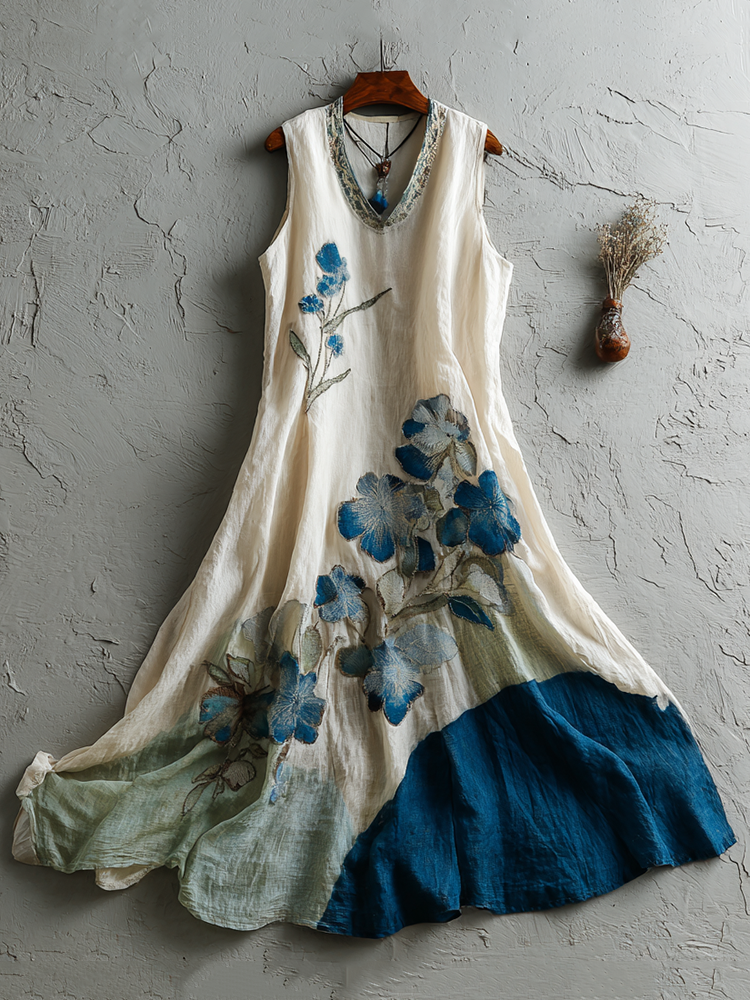 Women's Vintage Japanese Sakura Artistic Linen Sleeveless Dress