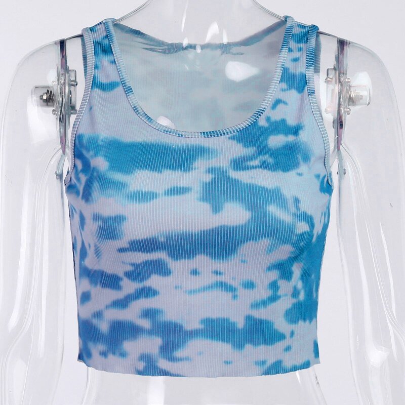 InstaHot Tie-dye Camouflage Tank Top Sleeveless Summer Cropped Top Casual O Neck Slim Stretchy Tank Top Streetwear Women Top