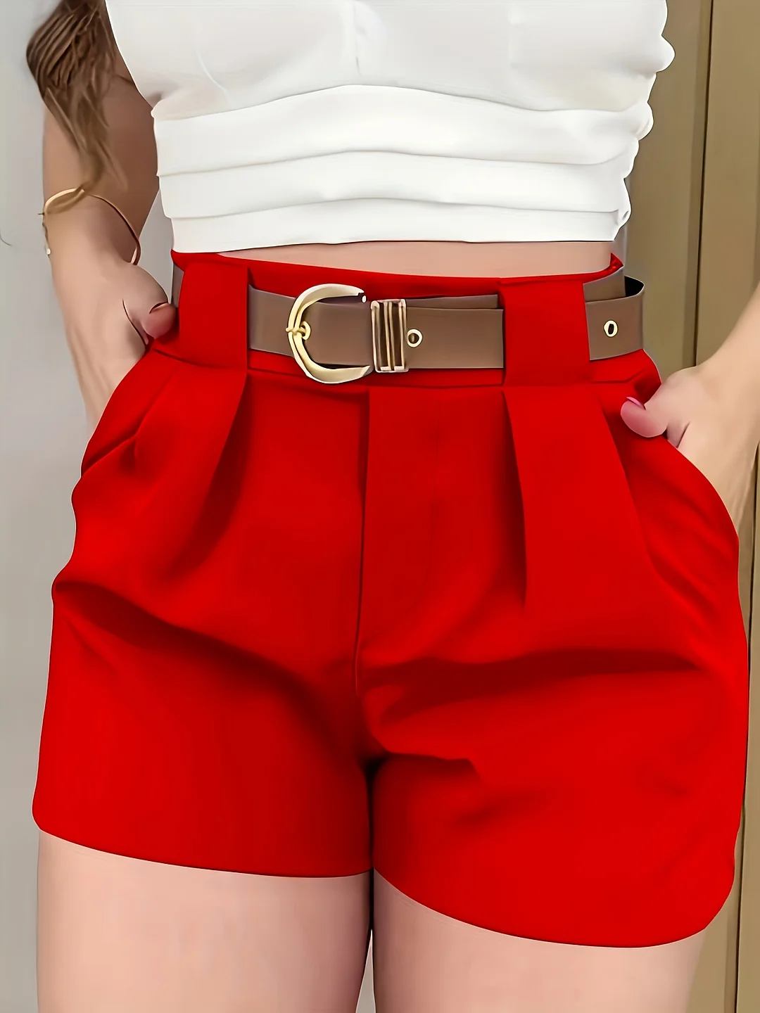 High-Waisted Women's Elegant Solid Color White Casual Shorts | Slant Pockets, Non-Stretch Polyester Fabric, Glossy Finish - Perfect For Business Or Casual Wear, Seasonal Fashion | IFYHOME