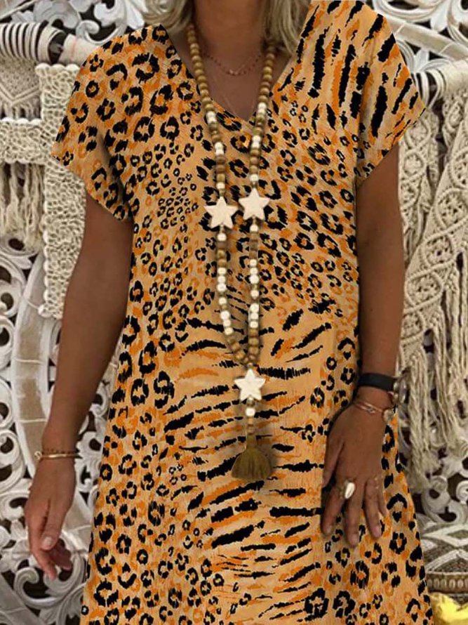 Leopard Short Sleeve Printed Polyester V neck Vintage Summer Orange Dress - VSMEE