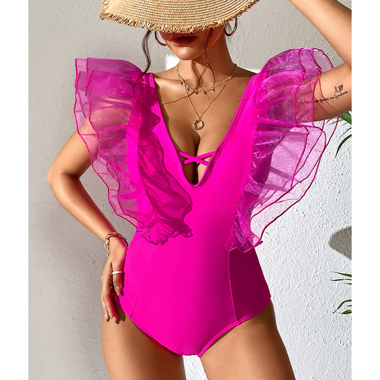 Flaxmaker Pink Mesh Ruffle One Piece Swimsuit
