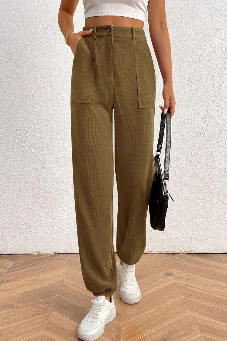 Women's Casual Pants Elastic High Rise Work Office Corduroy Trouser Slacks with Pockets