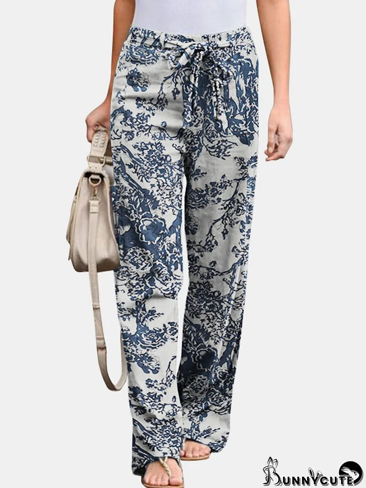 Vintage Printed Elastic Waist Straight-Legged Pants For Women