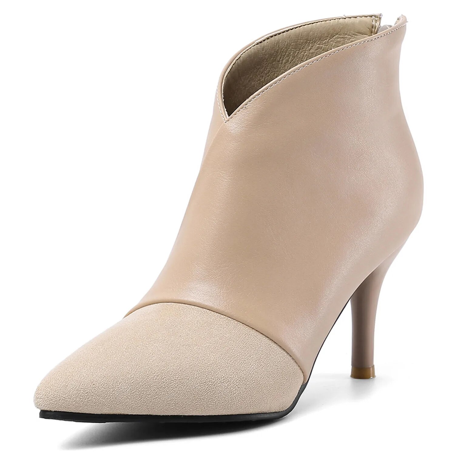 TAAFO Suede Short Ankle Boots Black Brown Back Zipper Stiletto Heels Pointed Toe Women 45 46