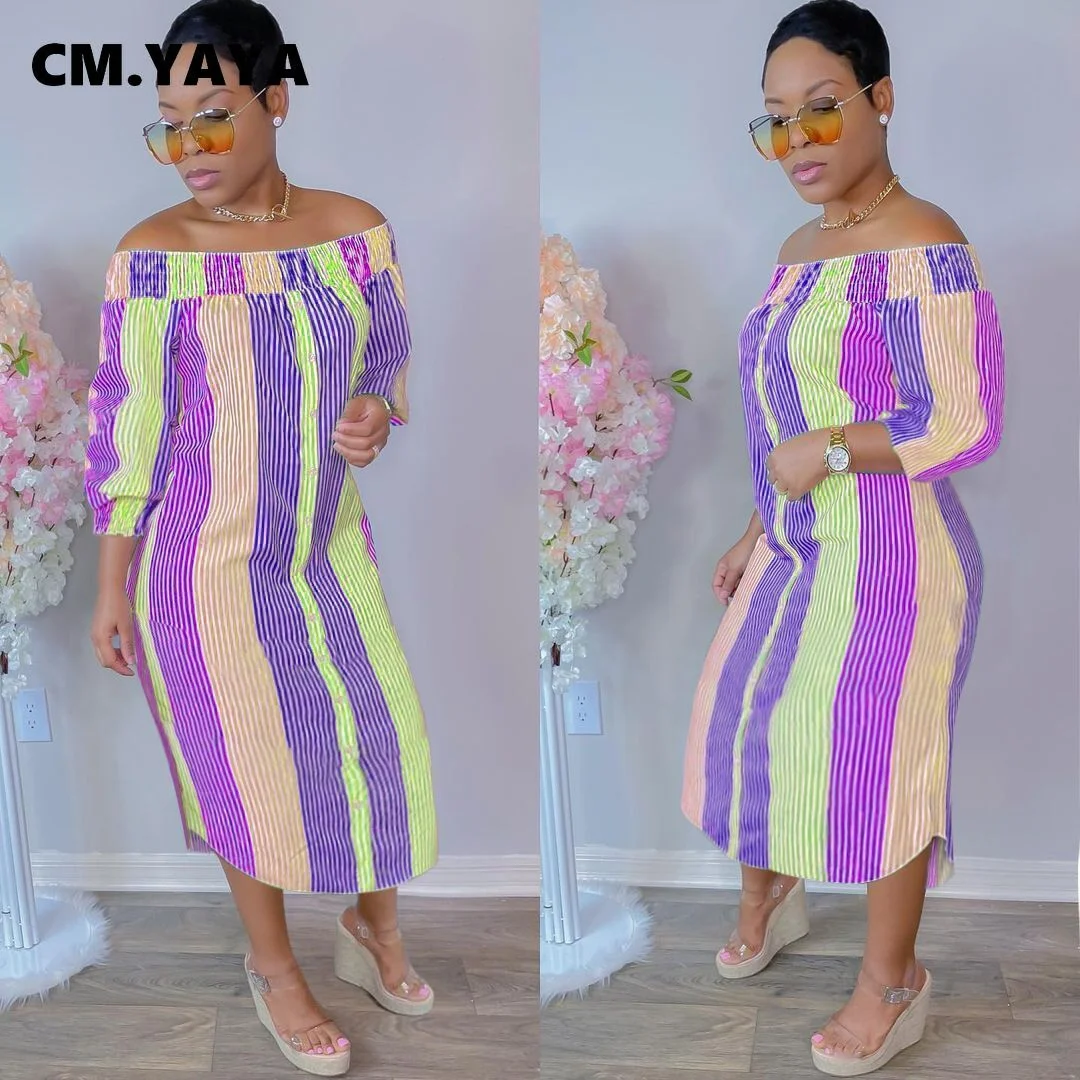 CM.YAYA Women Midi Dress Print Half Sleeve Elastic Off Shoulder Loose Straight Dresses Fashion Vestidos Casual Outfits Autumn
