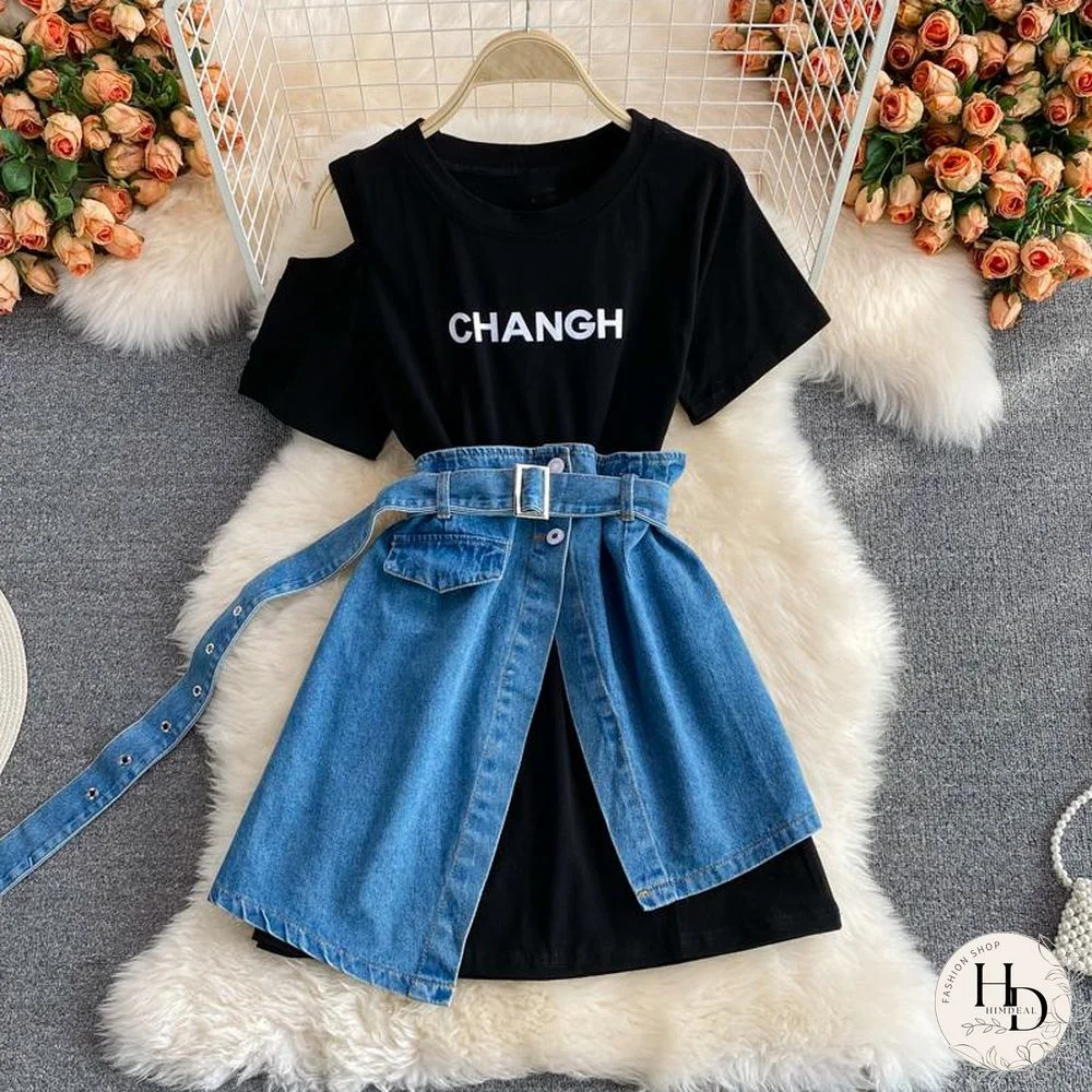 Fashion Long Tee+Denim Skirt P11596