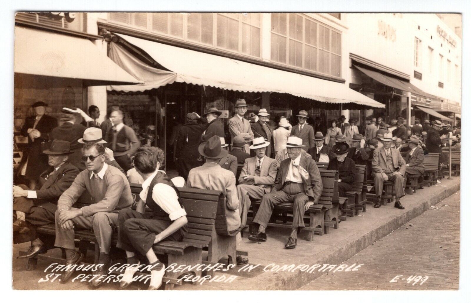 1940's Famous Green Benches St. Petersburg Florida Real Photo Poster painting RPPC Postcard