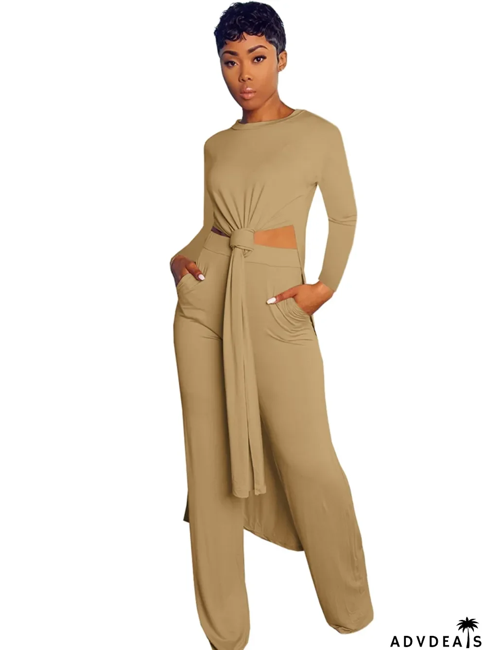 Solid Color 2pc Side Slit Long Shirt and Matching Pants Set