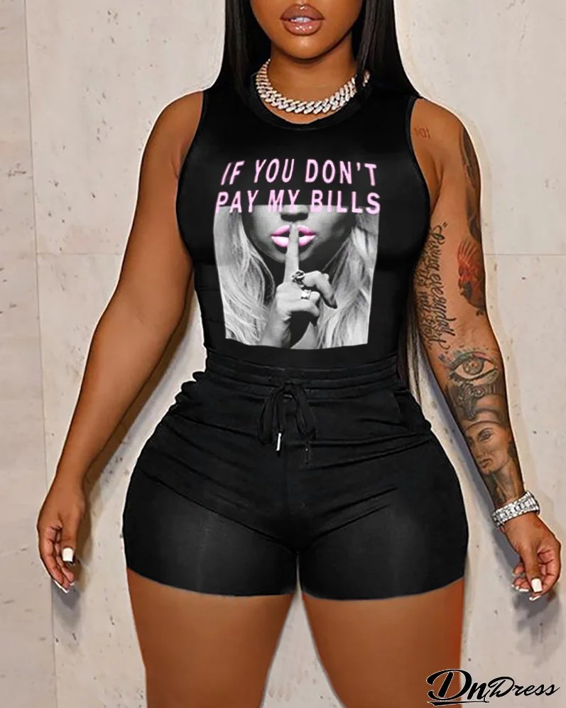 Women's Sleeveless Print Top + Shorts Two Piece Set