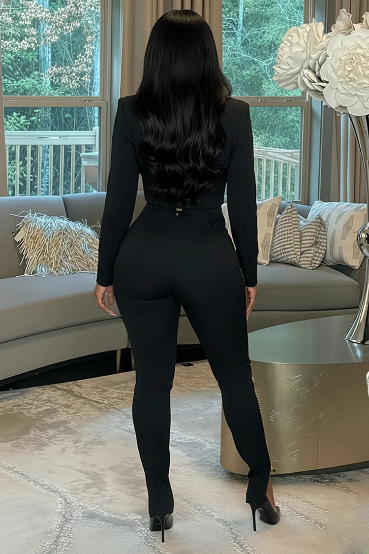 Zipper Patch Shoulder Pad Jacket Skinny Pants 2pcs Set-Black