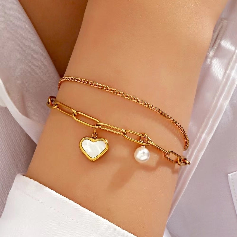 Casual Minimalist Heart Shape Titanium Steel 18K Gold Plated Artificial Pearls Shell Paperclip Chain Bracelets In Bulk