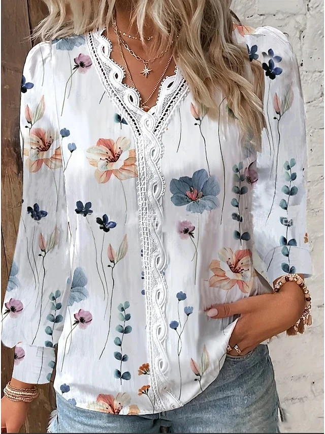 Women's Shirt Blouse White Light Green Light Blue Floral Lace Trims Print Long Sleeve Casual Holiday Daily Basic V Neck Regular Fit Floral Fall & Winter