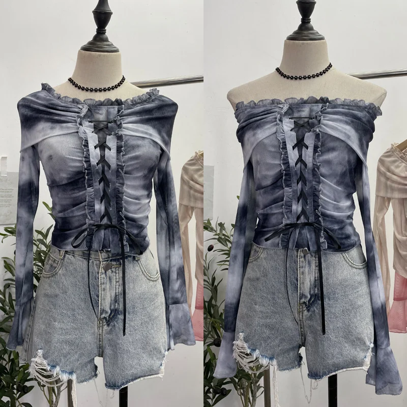 Uveng Vintage Dizzying Rope Tie To Close The Waist Umbilked Short Shoulder Horn Horn Long-Sleeved Top 2592