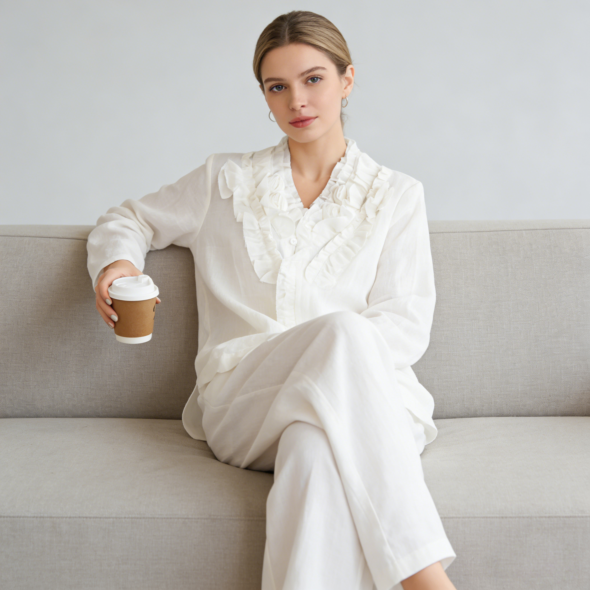 Linen Blouse Women 100% Ramie Ruffle Trim V Neck Top REAL SILK LIFE