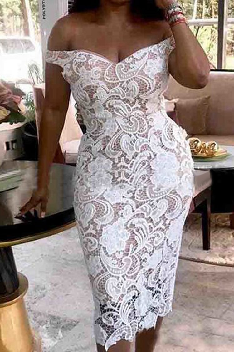 Xpluswear Plus Size Elegant Off The Shoulder White Lace Bodycon Midi Dresses