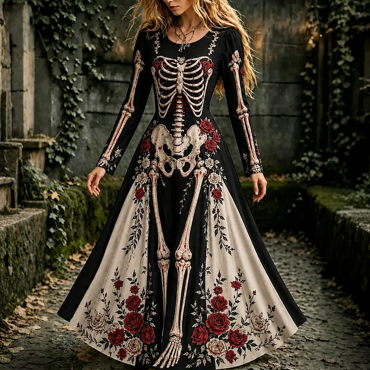 Women's Halloween Gothic Skeleton & Floral Long-sleeve Maxi Dress