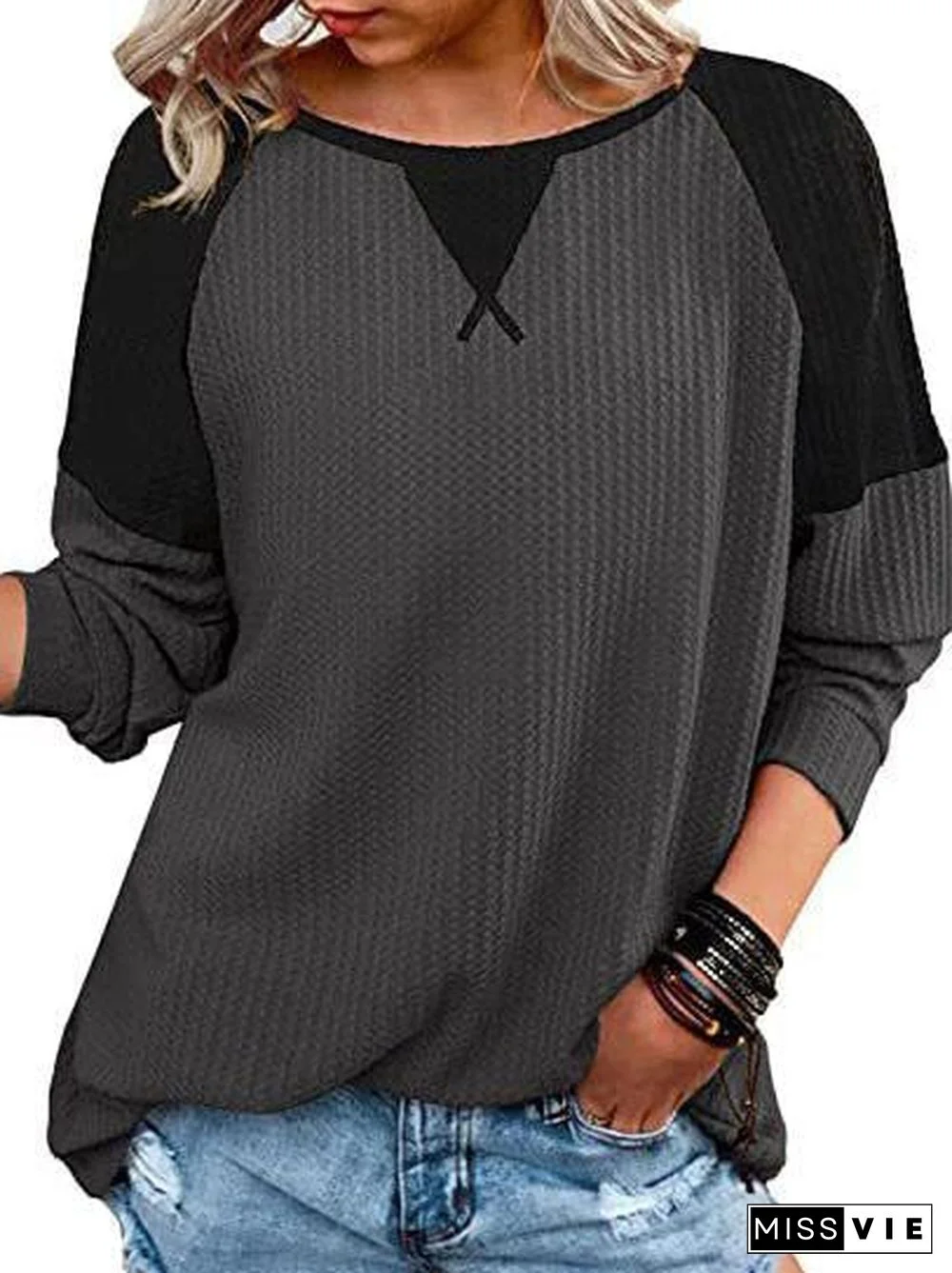 Women's Long Sleeve Scoop Neck Stitching Tops
