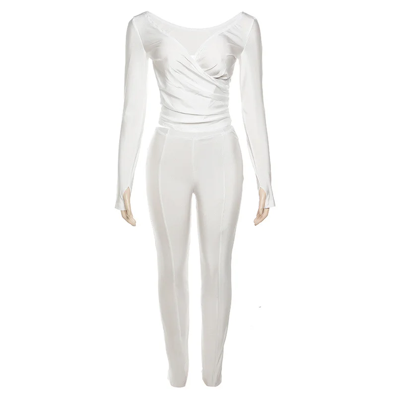 PASUXI 7 Colors New Style Long Sleeve V-Neck High Waist Tight Women Pants Sets of Women 2 Pieces Elegant Set