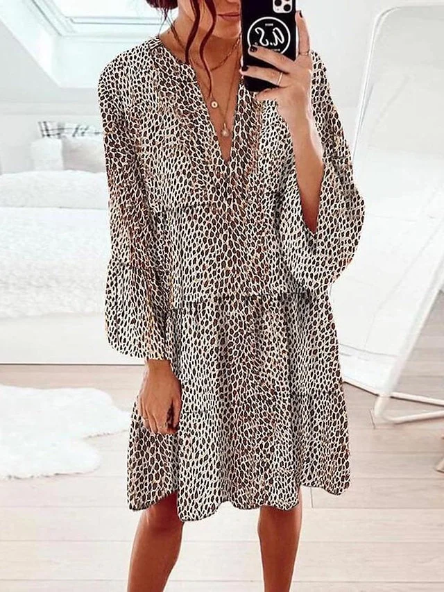 Women's Shift Dress Knee Length Dress Brown 3/4 Length Sleeve Print Layered Bow Print Spring Summer V Neck Casual Lantern Sleeve 2021 S M L XL XXL